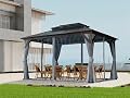 10' x 13' Hardtop Cedar Wood Gazebo for Patios, Outdoor Cedar Framed Gazebo with Double Metal Roof, Solid Wooden Framed Gazebo with Privacy Curtains and Mosquito Nettings for Garden, Backyard