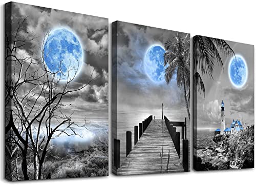 Blue Wall Art Ocean Decor Beach Wall Art Canvas Wall Art Bathroom Pictures for Bedroom Ocean Decor Beach Wall Decor Beach Wall Art Moon Modern Painting Canvas Prints for Living Room Artwork 12inchx16inchx3