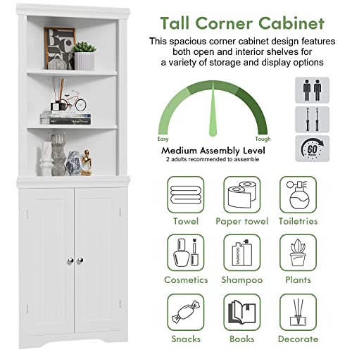 Tall Corner Cabinet with Adjustable Shelves and Barn Door Design for Home Storage Organizing