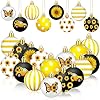 24 Pcs Sunflower Ball Ornament Tree Decorations Yellow White Stripes Dotted Hanging Ornaments Plastic Butterfly Sunflower Summer Decor for Holiday Party Tree Home