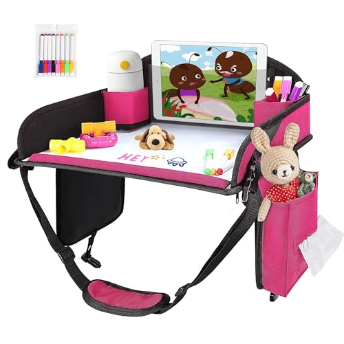 UTOLOVE ‎Kids Travel Tray, Kids Travel Trays for Car Seat, Road Trip Essentials for Toddler, Carseat Lap Tray with Dry Erase Board & Storage Organizer for Road Trip Activities for Kid, Pink