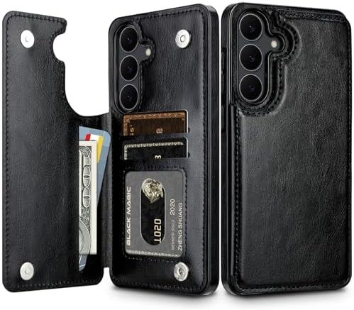 HianDier for Samsung Galaxy S25 FE Phone Case Wallet with Card Holder PU Leather for Samsung S25 FE Case with Double Magnetic Closure Women Men Shockproof Protective Flip Cover-Black