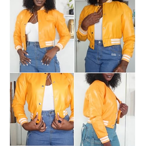 Xaspee Varsity Bomber Jacket Women Causal Baseball Crop Top Letterman Faux Leather Snap Button Sports Outwear Jackets2
