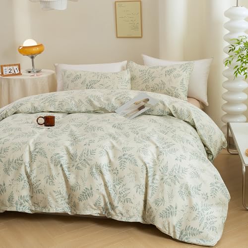 ECOCOTT 3 Pieces Duvet Cover Set with Vintage Green Leaves Pattern 100% Natural Cotton Cozy Simple Style Bedding Set (Queen Size)