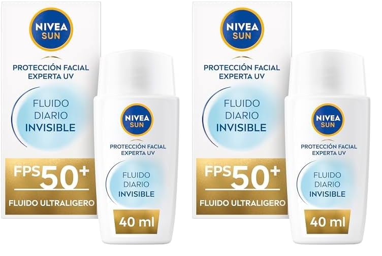 NIVEA SUN Fluido Diario Invisible Protector solar facial FPS 50+ (1 x 40 ml), crema solar facial ultra ligera con efecto mate, El embalaje puede variar (Paquete de 2)