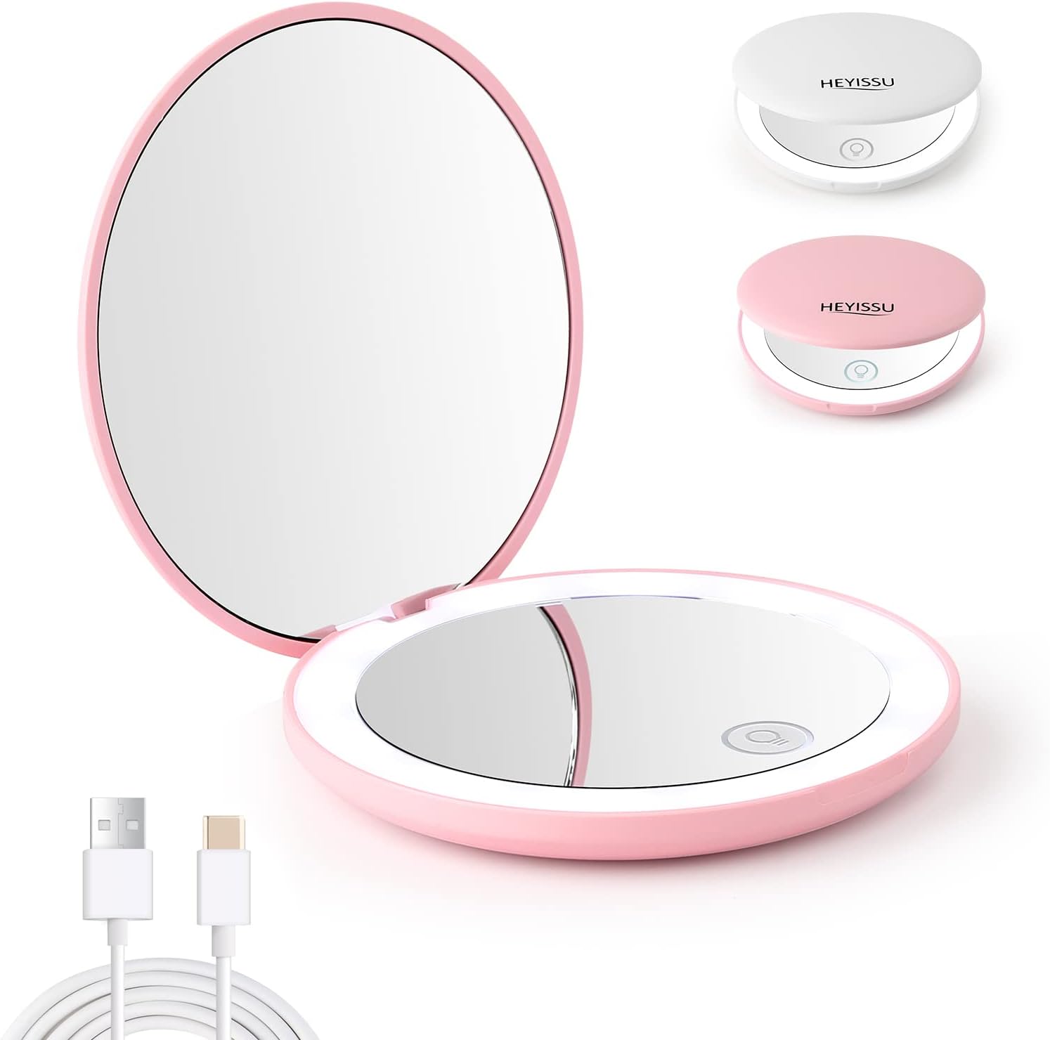 HEYISSU Compact Mirror with Light,3.5 inch Travel Makeup Mirror ,Folding Pocket,Purse,Handbag Mirrors,Pink