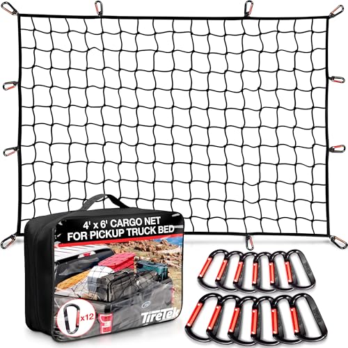 Cargo Net for Pickup Truck Bed (4'x6' Stretches to 8'x12') Double Thick Heavy Duty Pickup Truck Bed Organizer Accessories - 12 Metal Carabiners, Bungee Mesh Accessory with Strap Hooks