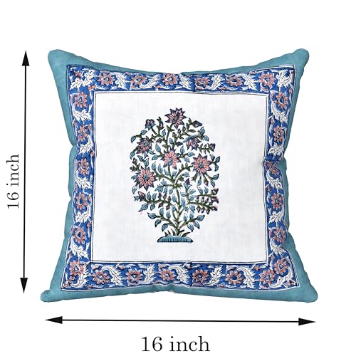 Image of BLOCKS OF INDIA Hand Block Printed Cotton Linen Cushion Cover (16 x 16 inches) (Blue VASS)