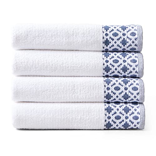 Market & Place 100% Cotton Luxury Bath Towel Set | Super Soft And Highly Absorbent | Textured Decorative Border | Includes 4 Bath Towels | Nitra Collection (White/Navy) #TOP15