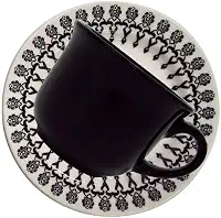 1 Conjunto com 6 Xícaras de Chá Reta com Pires 14 Cm Biona Donna Folk Marfim/Preto 200 Ml