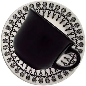 1 Conjunto com 6 Xícaras de Chá Reta com Pires 14 Cm Biona Donna Folk Marfim/Preto 200 Ml