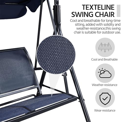 Image of Yaheetech Outdoor Porch Swing Chair for Adults, 3-Seat Patio Sunset Hanging Swing w /Texteline Fabric & Adjustable Canopy & Armrests, Canopy Lounge Chair for Backyard /Garden /Balcony, Blue | Weatherproof Material, Adjustable Sunshade, Removable Cushions, Lounge Seating, Sturdy Frame for Garden, Pool, Yard, Porch