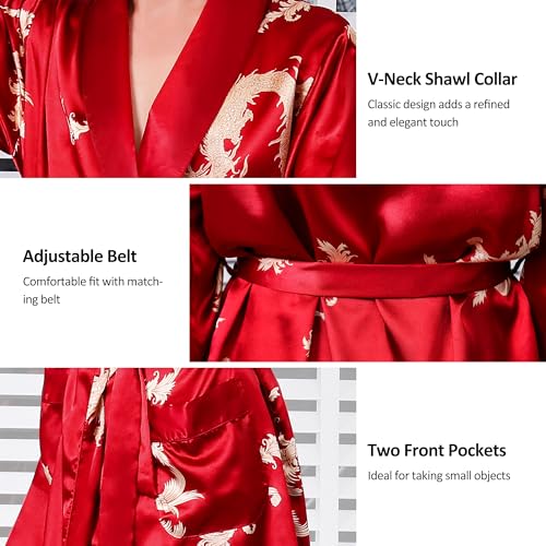 Haseil Men's Satin Robe Silk Kimono Robe Long Sleeve Bathrobe Dragon Lightweight Sleepwear, Rosered, XL