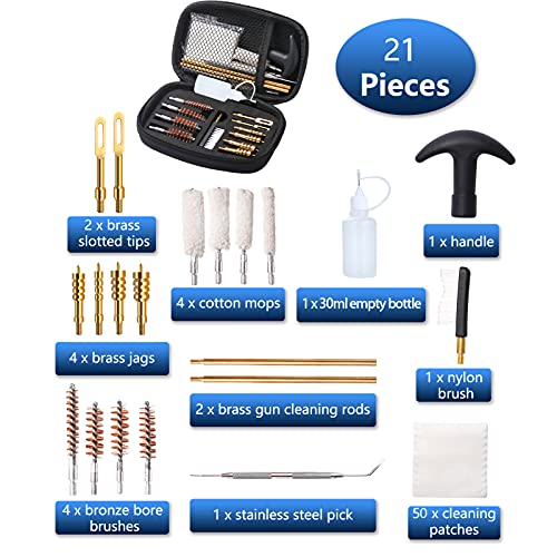 Universal Handgun Cleaning Kit For .22 .357/.38/9Mm .40 .45 Caliber Pistol With Cotton Mop, Bronze Bore Brush, Brass Jag, Brass Slotted Tips, Nylon Brushes #TOP2