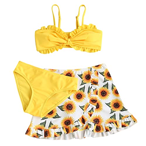 Girl's Cute 3 Piece Swimsuit V Neck Spaghetti Strap Wireless Bikini Set with Ruffle Skirt Sunflower Bathing Suit
