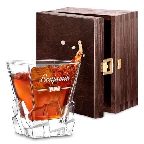 Maverton Vaso de Whisky Personalizado 250ml - Vasos de Cristal Agua Con Nombre e Inicial - Diseño de Cubo de Hielo - Regalos Originales para Hombre Día del Padre Regalos Cumpleaños Navidad - Elegancia