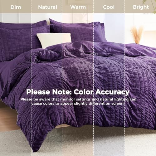 Image of HYMOKEGE Dark Purple Full Size Comforter Sets Seersucker 7 Pieces, All Season Luxury Bed in a Bag for Bedroom, Bedding Set with Comforter, Sheets, Pillowcases & Shams