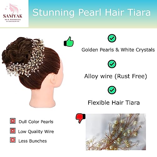 Image of Samyak Crystal Pearl Hair Vine Tiara Headband Headdress Hair Jewellery /Hair pin /Bun Clip For Bridal Wedding Functions Bridesmaid (Golden)