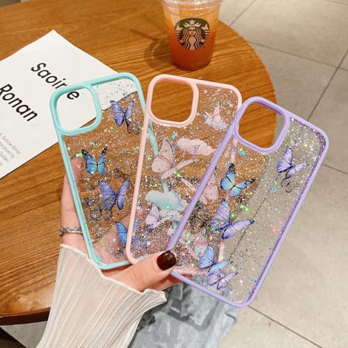 Image of VONZEE for iPhone 13 Clear Glitter Butterfly Case, Cute Bling Sparkle Shiny Soft TPU Bumper Shockproof Women Girls Slim Protective Phone Cover for iPhone 13 6.1 inch,Pink
