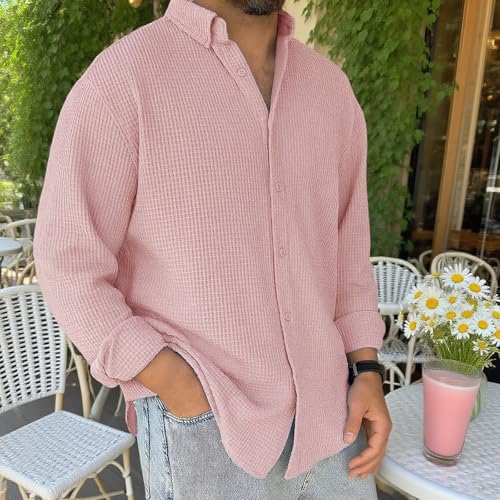 Mokaloha Mens Long Sleeve Shirts Waffle, Men's Stylish Casual Everyday Waffle Long-Sleeved Lapel Shirt4