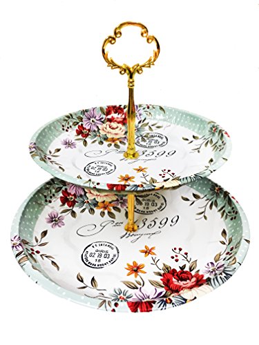 Charmed Vintage Floral pattern 2 tier cake and pastry stand server (Light Sage Green)