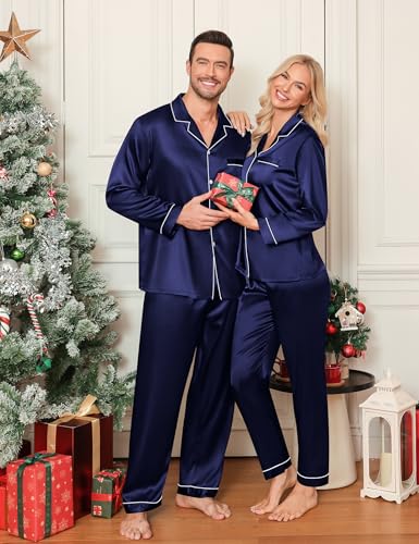 LecGee Couples Matching Pajamas Set Button Down Sleepwear Long Sleeve Loungewear Silky Satin 2 Piece Pjs Men Deep Navy Blue Small3