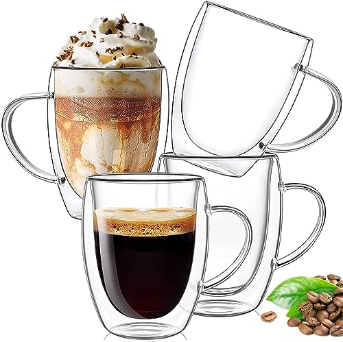 Ulrikco 350ML Double Walled Glass Coffee Mugs, Clear Cappuccino Mug Set of 4, Double Insulated Glass Coffee Cups with Handle, Espresso Mugs for Cappuccino, Latte, Tea, Hot/Cold Drink