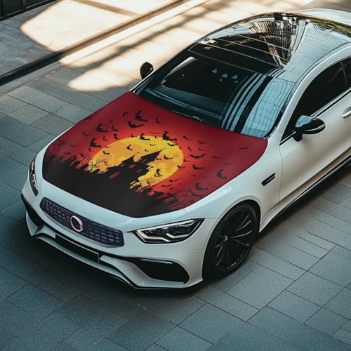 Image of Halloween Bats Castle Car Hood Cover Protector Stretchable Auto Hood Wraps Auto Halloween Outdoor Decoraitons Waterproof Automotive Accessories for Compact Sedans SUV Trucks Vans