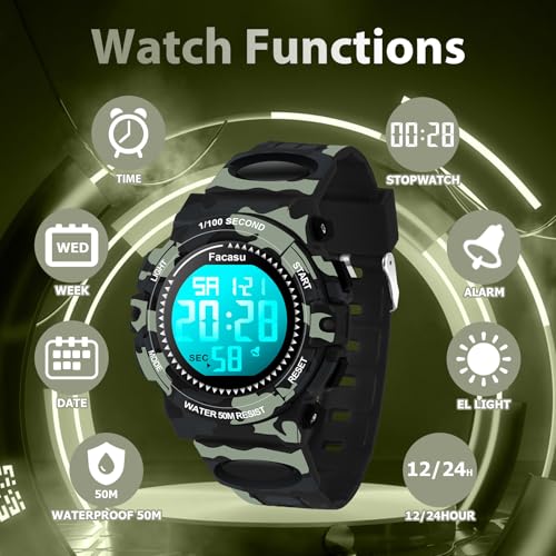 Image of Kids Watch Digital for Boys-Waterproof Kids Sports Watch with Light, Alarm&Snooze,Stopwatch Military Design Silicone Band Gift for Birthdays,Christmas Outdoor Activities(8+ Years)