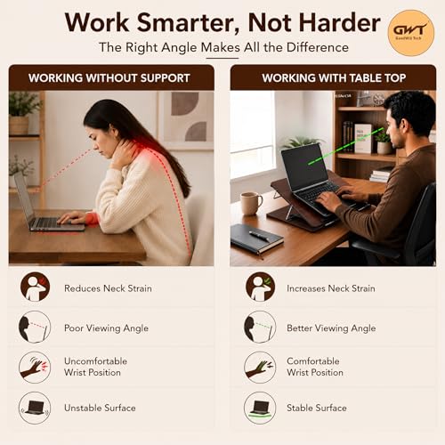 Image of Goodwill Tech Wooden Laptop Desk Table Top with Adjustable Height, Foldable, Writing, Drawing Desk Stand for Study, Office (Rolex, 15x21)