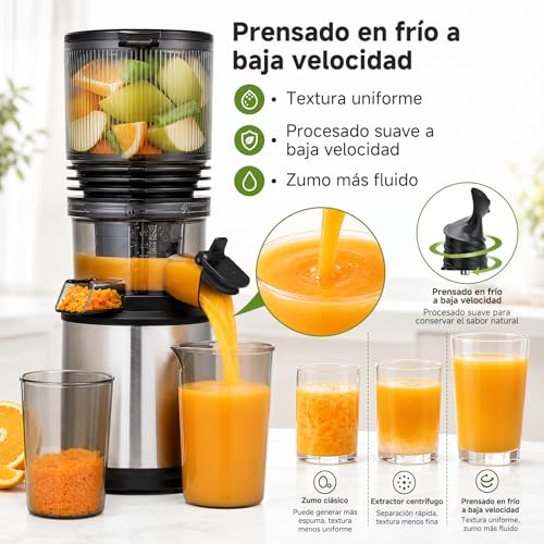 Miniatura 5 de AMZCHEF Extractor de Zumos 158 mm Boca XXL, Licuadora de Prensado en Frío para Frutas y Verduras, Slow Juicer 2L con Vaso de Pulpa y Vaso de Zumo, Fácil Limpieza, Motor Silencioso, Acero Inoxidable
