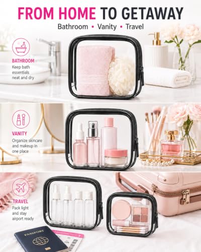 Image of LETGO Clear Makeup Bag,Portable Travel Toiletry Bags with Zipper,TSA Approved Clear Organizer Bags,PVC Cosmetic Pouch for Airport Airline CompliantCompliant (Black, Pack of 4)