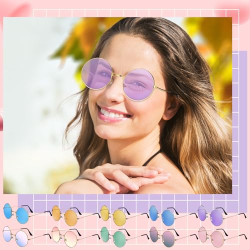 Image of Kanayu 50 Pairs Round Hippie Sunglasses Bulk Circle Colored Disco Glasses Groovy 70s Sunglasses for Party Women Men