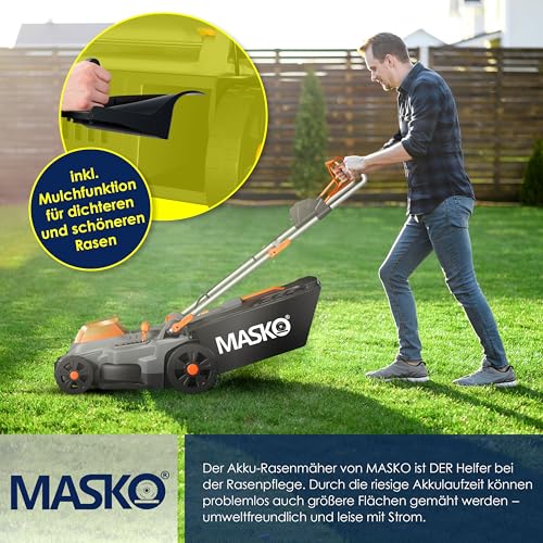 MASKO® Akku Rasenmäher mit Mulchfunktion, 2X Akkus Li-Ion Batterie 4Ah & Doppel-Ladegerät Rasentrimmer 43cm Schnitt-Breite 6X Höhenverstellbar 55L Fangkorb Flächen bis 650m² inkl. Handschuhe & Bürste 5