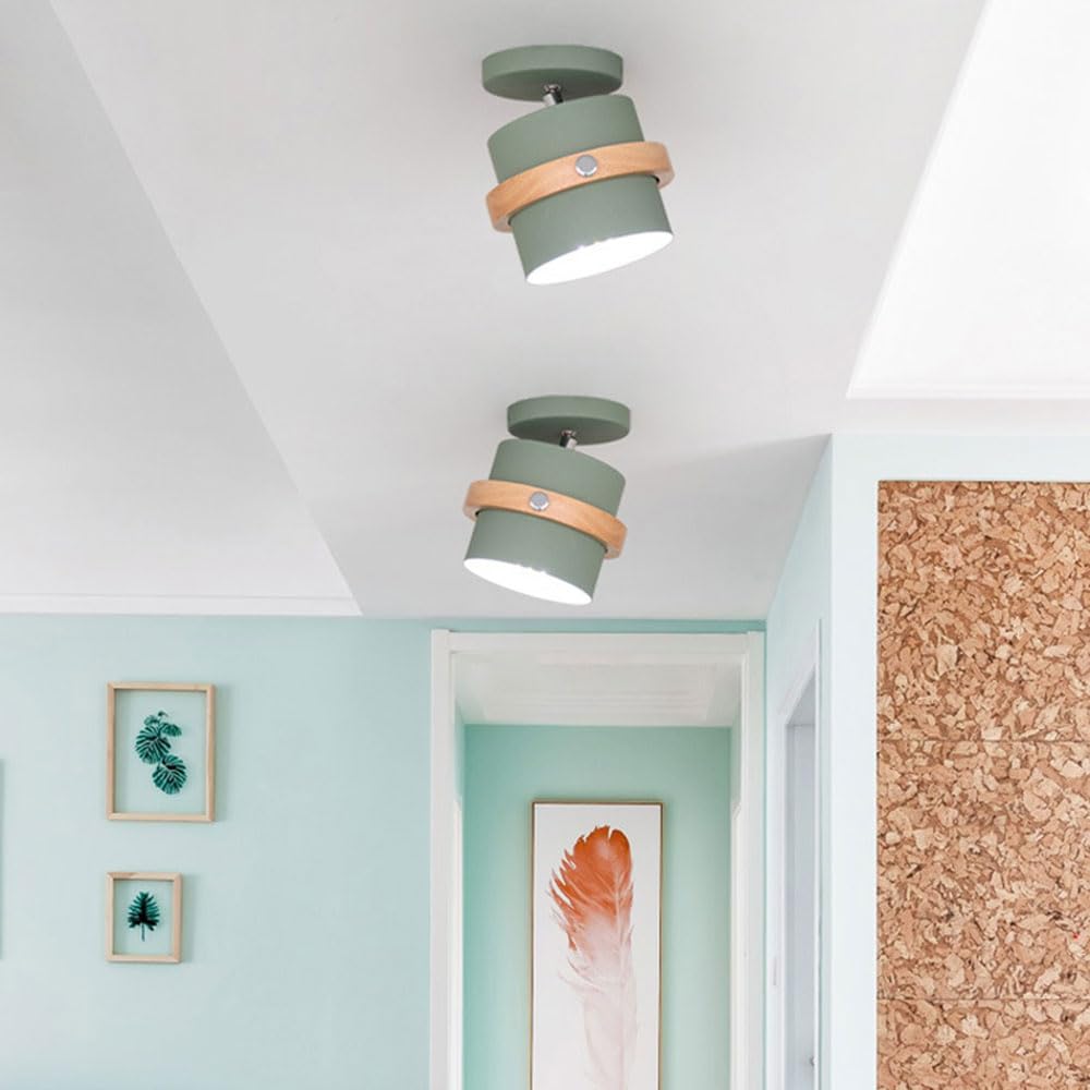 Półwpuszczana lampa sufitowa w stylu retro E26, zielona, do wnętrz Obrotowa i modna lampa sufitowa do przedpokoju, nordycka okrągła oprawa oświetleniowa z drewnianą dekoracją do salonu