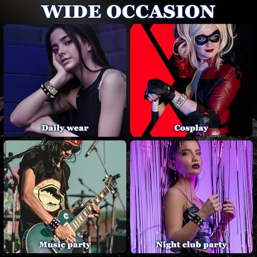 8PCS Spiked Studded Bracelets Cuff for Men Women Black Punk Goth Leather Bracelet Emo Rivet Bracelet Adjustable Rock Pop 80s 90s Retro Button Metal Wrap Wristbands Halloween Accessories4