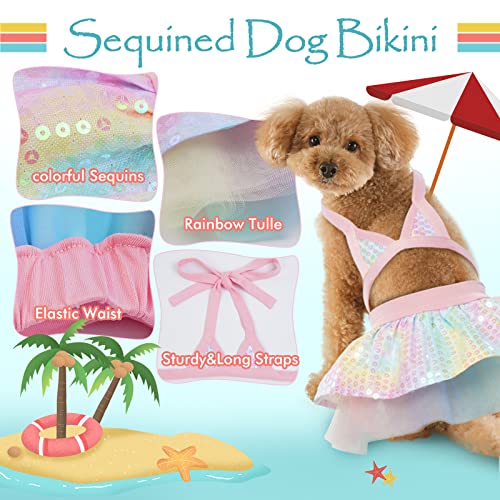 Duojoy Dog Bikini Dress With Sequins&Chiffon, Mermaid Colorful Puppy Beach Swimsuit, Small Medium Doggie Cat Summer Bathing Suit, Dog Tutu Dresses Pet Stylish Clothes Costume For Pool-M #TOP1
