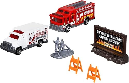 Matchbox Hitch & Haul - Juego de vehículos fundidos a presión – Rescate de incendios ~ Juego de 6 piezas ~ Camión de respuesta de materiales