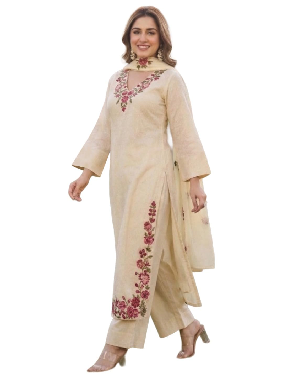 anni designer Kurta Sets for Women Viscose Blend Embroidered | Kurta Palazzo Dupatta Set | Designer Kurti Set for Women | V Neck Full Sleeve Ethnic Suit | Indian Kurta Outfit with Palazzo Pants-picture-10