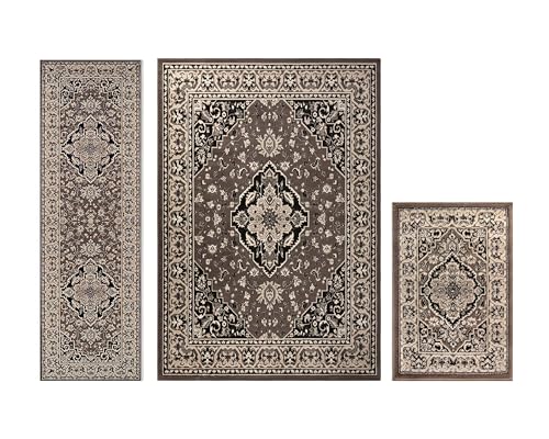 SUPERIOR Glendale 3 Piece Indoor Area Rug Set, Jute Back, Oriental Floral Medallion Decor for Hallway, Office, Kitchen, Bedroom, Living Room Floors, Plush Rugs, 2' x 3', 2' 7" x 8', 5' x 8', Brown