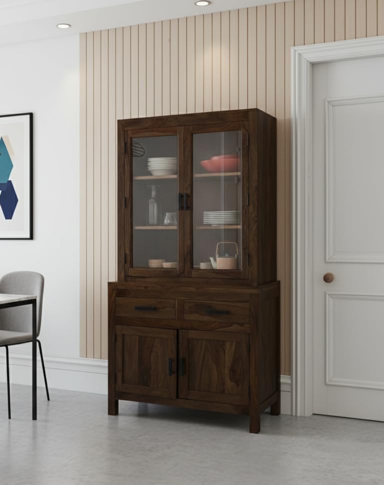 ANGEL FURNITURE Sheesham Wood Atlanta Crockery Cabinet | Hutch Cabinet (Walnut Finish)
