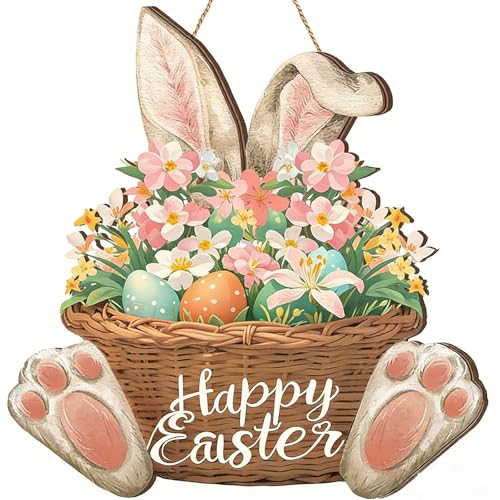 Easter Door Decoration Sign, Easter Wreath Bunny for Front Door, Easter Decoration Wood Doors Wall Signs, Bunny Welcome Wood Sign Doors Hanger for Home Shop Garden