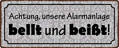 Blechschild 27x10cm gewölbt Achtung unsere Alarmanlage bellt und beißt Deko Geschenk Schild