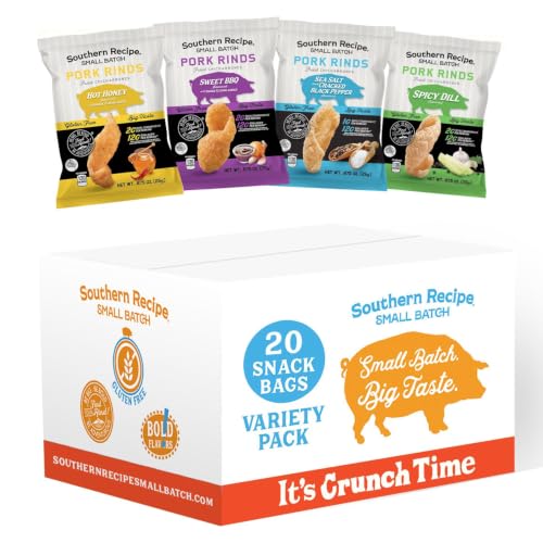 Pork Rinds Variety Pack | Hot Honey, Sweet BBQ, Spicy Dill, Salt &amp; Pepper | 4 Flavors | Southern Recipe Small Batch Chicharrones | Keto Friendly &amp; Low Carb | Snack Bag (20 Count)