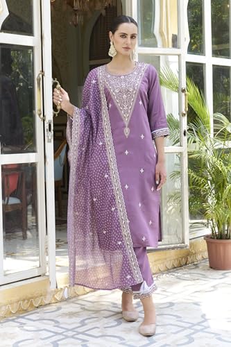 Image of VredeVogel Women's Silk Blend Embroidered Kurta with Pant & Organza Dupatta Set