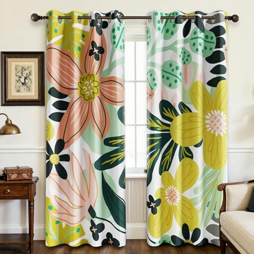 Image of Tyrot Pink Green Botanical Blackout Curtains for Bedroom,52W x 96L,2 Panels