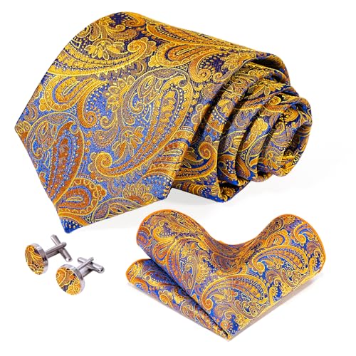 Image of 5PCS Tie and Pocket Square for Men, Silk Necktie and Handkerchief Cufflinks with Gold Ring and Lapel Pin Set