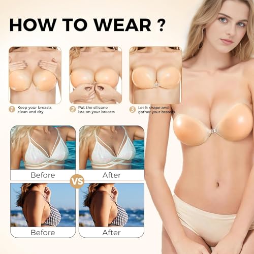 2 Pairs Strapless Sticky Adhesive Bra, Invisible Push up Reusable Silicone Brassiere with Nipple Covers Nude4