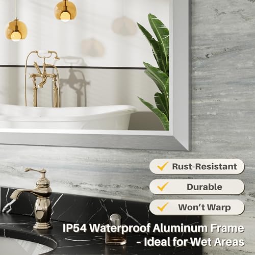 36x32 Inch Silver Bathroom Mirror for Wall, Thick Metal Framed Rectangle Mirrors for Over Sink, Bedroom, Living Room, Entryway, Anti-Rust, HD Tempered Glass