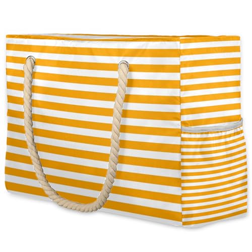 Orange Striped Tote Beach Bag for Women with Zipper Large Waterproof Sandproof Swim Pool Bag
